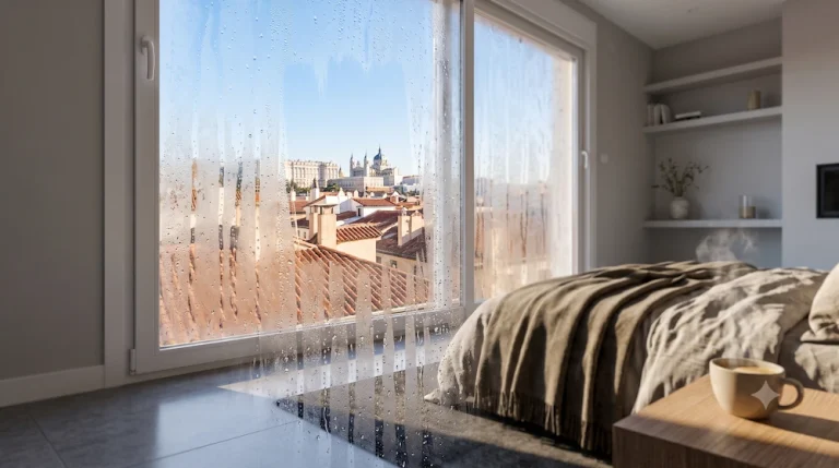 Efecto de condensación y cristales empañados en una ventana, mostrando el goteo de agua por el contraste térmico en invierno.