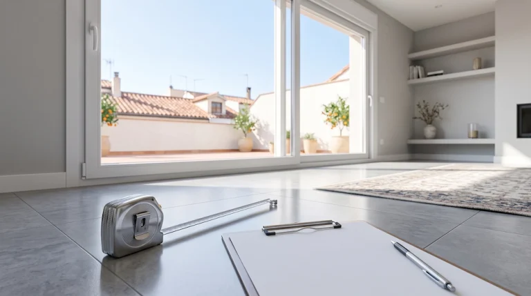 Cinta métrica y lista de dimensiones estándar de ventanas junto a un gran ventanal de PVC en un salón moderno iluminado.